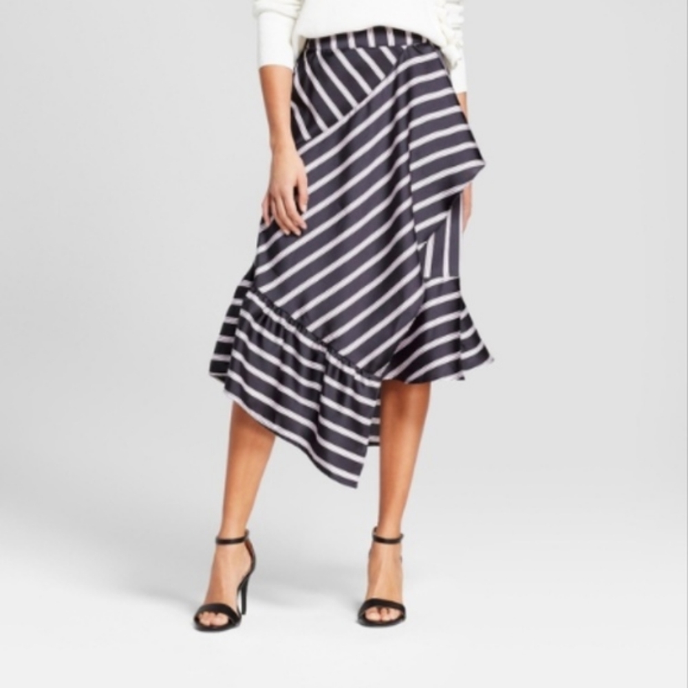 A New Day Striped Asymmetrical Midi Skirt